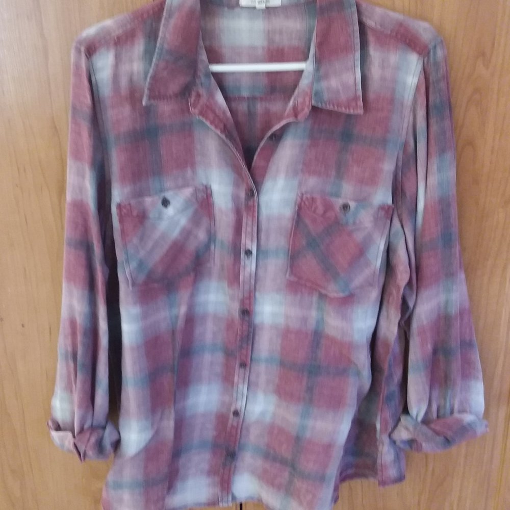 Maurices XXL Red and Grey Plaid Button-Down Shirt